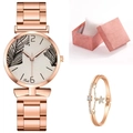 Rose gold quartz watch with palm leaf dial and star pendant bracelet in a gift box - Black + Bracelet + Box