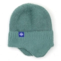 Detailed view of turquoise plush knit winter hat with snowflake patch and ear flaps - Light Green