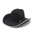 Détail d'un chapeau de cowboy en feutre noir avec bord blanc et boucle fleurie argent - M (56-58cm) / Noir avec bordure blanche
