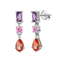 S925 sterling silver drop earrings with purple, pink and orange colored gemstones - Colored Gemstone Linear Drops / Silver Tri-Color Drop
