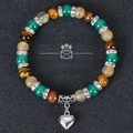 Green aventurine and tiger eye beaded stretch bracelet with a silver heart charm - Green Aventurine/Tiger Eye/Heart Pendant (Money Success-12)
