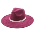 Detail of fuchsia wide brim felt hat with white leather band and silver buckle - M(56-59CM) / Wine Red (Suede)