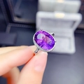 Silver ring with oval purple gemstone and small zircon accents on the band - White Gold Ljz-272 / Adjustable Open