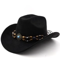 Detail of bohemian cowboy hat with turquoise stone and beaded decorative band - M (56-58cm) / Black