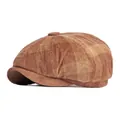 Brown plaid corduroy newsboy cap for women and men in a classic retro British octagonal style - One Size / Dark Khaki