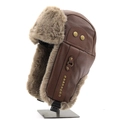 Winter thermal leather trapper hat with thick brown plush lining and rivet details - XL (58-60cm) / Coffee