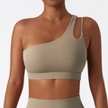 One shoulder sports bra in khaki yoga top with cutout detail and wide support band - Sanding Brown