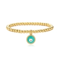 Detailed macro of gold beaded bracelet with a turquoise enamel evil eye charm - Cyan