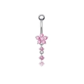 Pink zircon flower navel ring in silver stainless steel with vertical pendant drop - Pink Plum Blossom