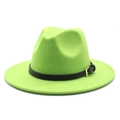 Detail of lime green fedora hat featuring a black leather band and gold metal buckle - Fruit Green