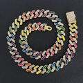 Chunky gold finish Cuban link chain necklace with rainbow enamel and sparkling rhinestones - 20 Inch (50cm) / Gold Multicolor