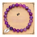 Purple agate beaded bracelet for new moms with silver foot charm and gift card - Purple Agate Baby Feet Bracelet
