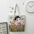 Etnische canvas draagtas met dubbelzijdige borduring en cartoon meisje print - Jeugdplezier in Bloemen Patroon