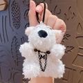White fuzzy plush bear keychain with 90'S bandana and black metal M letter charm - Dog with Glasses - White (No Tag)