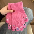 Pink knitted winter gloves with cartoon face patterns on fingertips for a playful look - Funny Face Pink