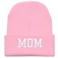 Pink knitted MOM embroidery beanie for women featuring a soft ribbed cuff design - MOM / Pink