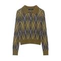 Klassischer langärmliger Argyle-Polo-Strickpullover mit Rippbündchen in Olivgrün und Grau - S / Olivgrün Argyle