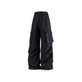 Pantaloni cargo neri a vita alta stile techwear con gamba larga e lacci regolabili - M / Nero
