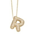 Macro shot of gold bubble letter R pendant necklace with white cubic zirconia stones - Gold - Letter R (Pendant Only)