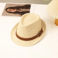 Minimalist straw trilby hat with brown leather band and silver buckle on white desk - Off White / L (58-60cm)