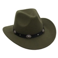 Détail du chapeau en feutre vert armée avec bande en cuir noir et boucles argentées - 58cm / Vert Armée (Bande en Cuir Noir)