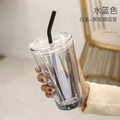 Water blue glass tumbler with white lid and black glass straw for coffee or tea - Aqua Blue + Clear Lid + Black Glass Straw