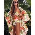 Ensemble de bain à imprimé floral tropical avec maillot ajouré et long kimono assorti - Cardigan de plage