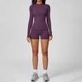 Conjunto de yoga morado oscuro con top de manga larga y pantalones cortos de fitness - S / Púrpura Salsa-Manga Larga+Shorts