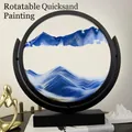 Rotatable blue sand art glass landscape decor with a black circular frame and stand - 12 Inch Rotate Blue