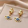 Golden Evil Eye hoop earrings with hollow eyelashes and blue enamel pendant detail - Blue Pink Eyelash Eye