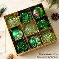 Set of 9 green Christmas balls with painted Santa and snowflakes in a gold gift box - 9 Pieces Set / Green