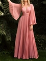 Robe longue grande taille à col en V et manches évasées plissées en rose poudré - 0XL / Rose