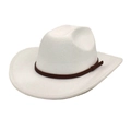 Detailed close-up of a white felt cowboy hat with a brown decorative leather band - M (56-58cm) / White