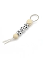 Sporty keychain with monochrome football beads and natural wood accents on a silver ring - Football - Tassel Beaded Style