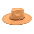 Cappello fedora classico in lana kaki a tesa larga con cinturino in pelle marrone vintage - M (56-58cm) / Cammello