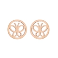 Macro shot of laser-cut butterfly patterns on natural wood round earring charms - Style 264 / Rose Gold