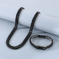 Polished black stainless steel Cuban chain necklace and bracelet jewelry set for men - 11mm Style C (KB184290-Z) / 21cm / Black