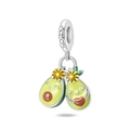 Detailed view of silver avocado charms with flower relief and green enamel finish - Avocado Sisters(PAC1240)