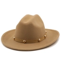 Detail of camel wool felt hat featuring a classic brim and gold cylindrical metal studs - M (56-58cm) / 13 Camel