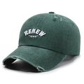 Vintage forest green baseball cap with RENEW 3D embroidery and distressed ripped details - Adjustable / Army Green
