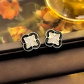 Silver needle stud earrings featuring a black and white four-leaf clover design - 38# Black White Flower Studs