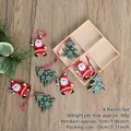 Wooden Christmas ornaments set featuring Santa and green tree motifs with red ropes - Style I