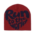Macro detail of wine red knitted beanie featuring navy blue Run to the world text - M (56-58cm) / Burgundy