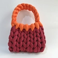 Handmade chunky knit bag in orange and burgundy contrast cotton tube yarn design - Jujube Red + Orange
