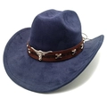 Detail of navy faux suede cowboy hat with embossed leather band and bull head metal icons - M (56-58cm) / Navy Blue
