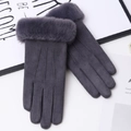 Detail showing thick faux fur trim and gray suede texture on warm winter gloves - One Size / Grey (Triple Line)