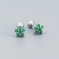 Delicate 925 sterling silver flower stud earrings with green zircon and screw-back ball - White Gold (Green Stone)