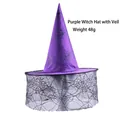 Purple Halloween witch hat with black spider web print and mesh veil detail - Veil Witch Hat Purple