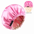 Double-layer satin sleep bonnet in pink and beige with adjustable elastic strap - Rose Pink