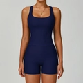Women's navy blue ribbed yoga set featuring U-neck tank top and high waist shorts - S / Vest + Shorts / Navy Blue